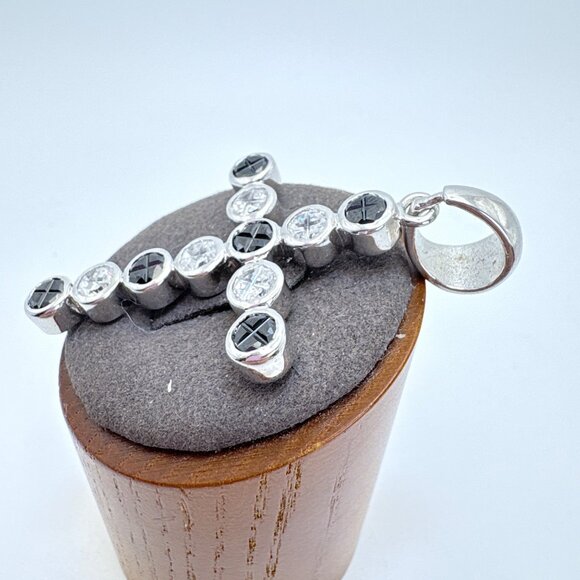 Sterling Silver 925 Dark Blue & White Cubic Zirconia Cross Pendant 2.5" Length - Picture 2 of 9